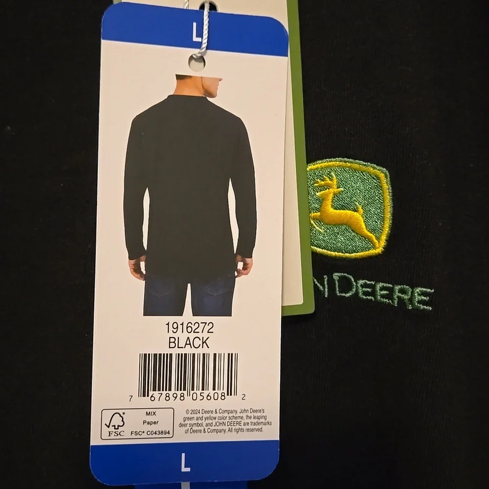 John Deere Black Long Sleeve Tee with Green Logo, Mens L - Picture 9 of 10